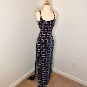 BCBG Generation Navy Multi blue print. Side slit Maxi open back NWT size small